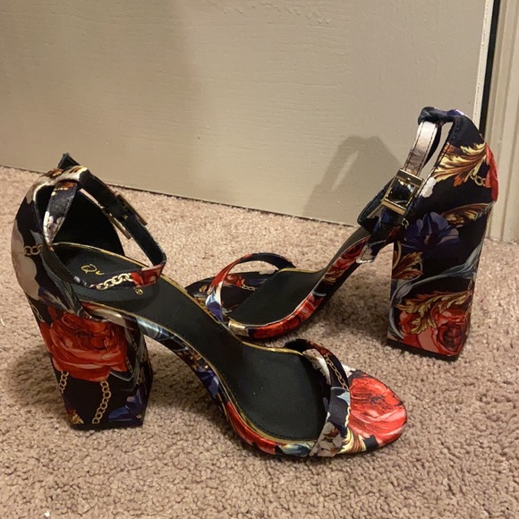 Satin Floral Single Band Ankle Strap Block Heels - Picture 5 of 6